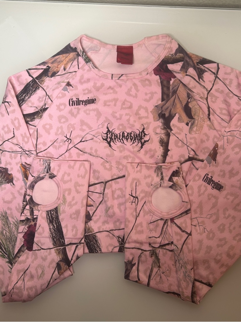 Civil Regime Leopard Print Camo Long Sleeve Crop Top - Pink - Cotton Blend